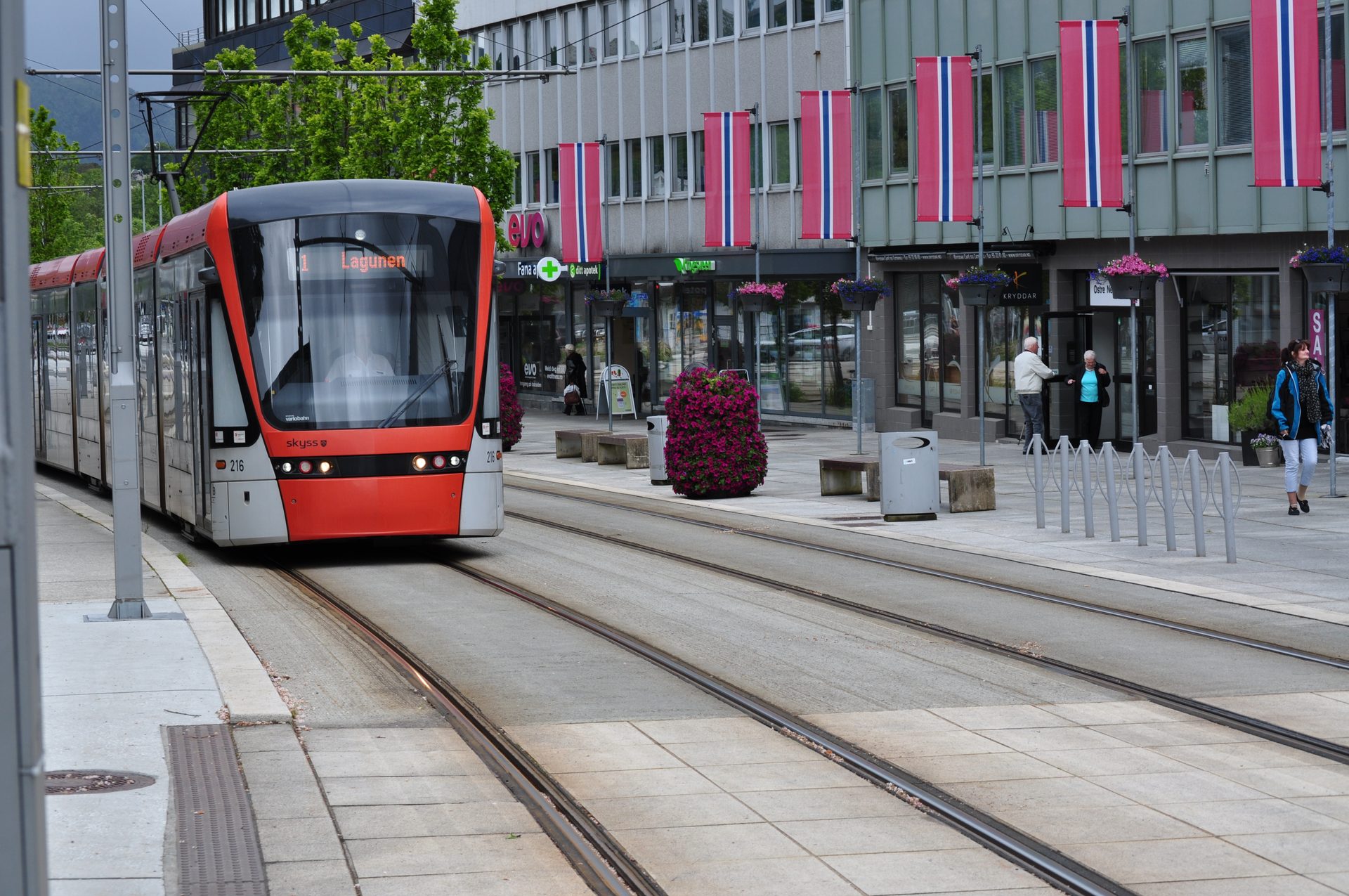 Bybanen in service through the streets of Bergen