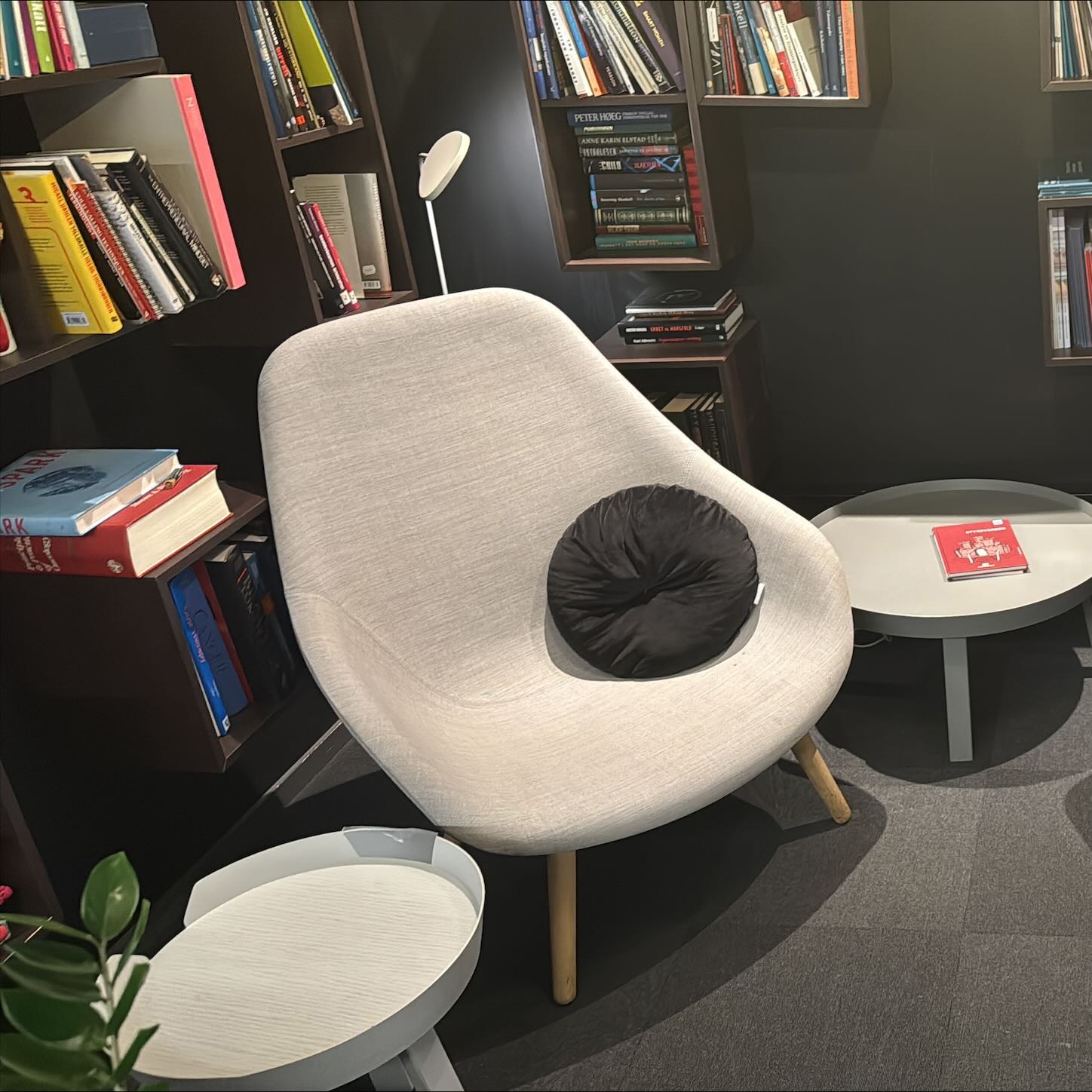 Office library with light textile armchairs and bookshelves