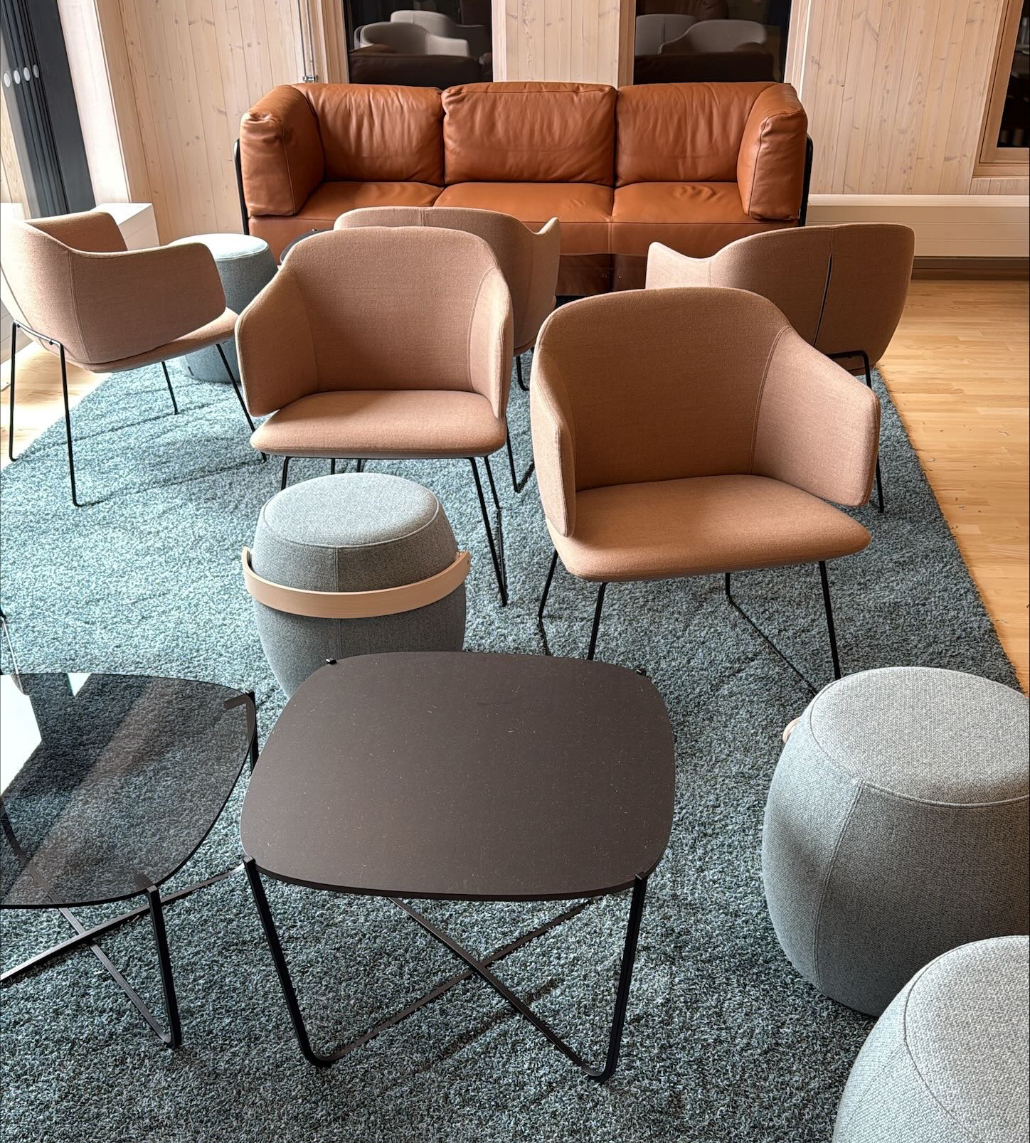 School lounge area with leather sofa, soft textile chairs and carpet